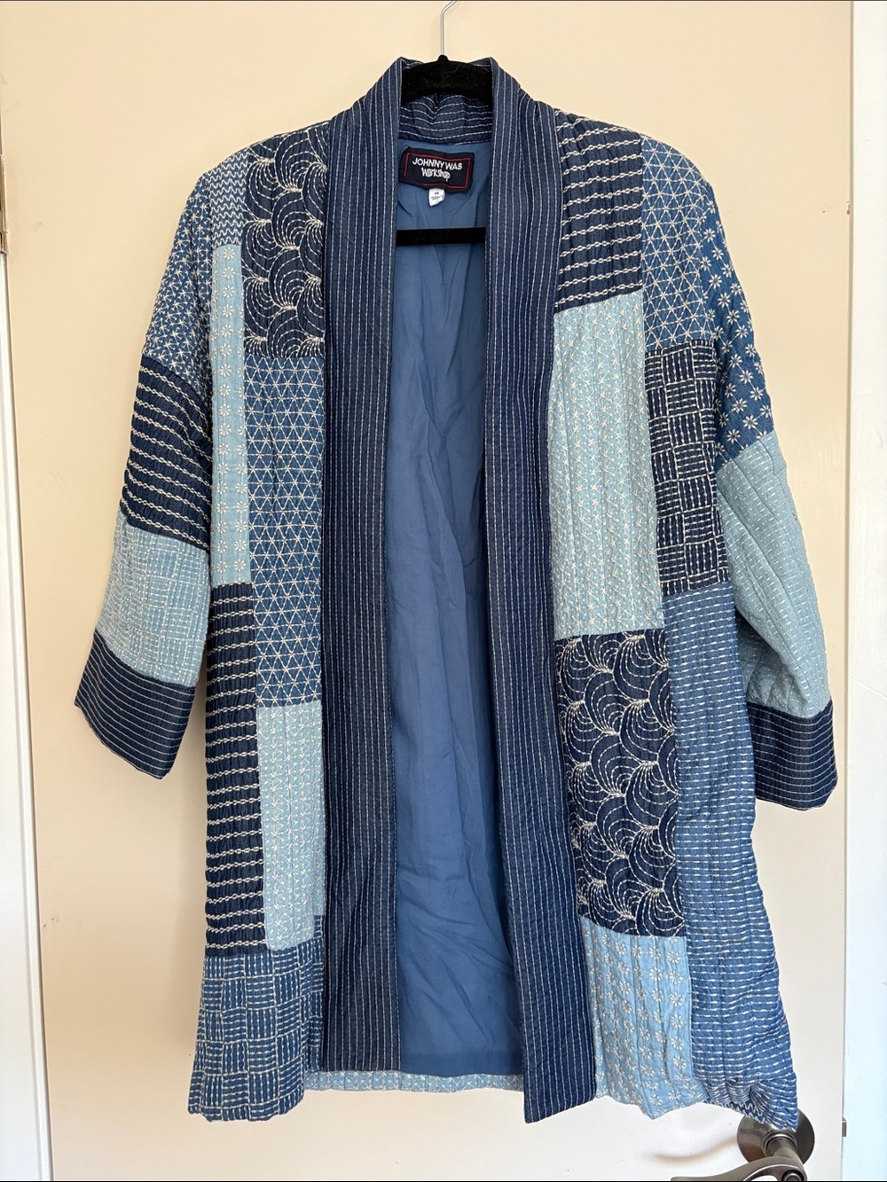 Johnny Was Embroidered Patchwork Denim Blue Kimono, XS